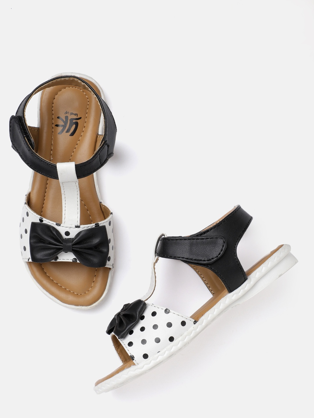 

YK Girls White & Black Polka Dots Print Open Toe Flats with Bow Detail