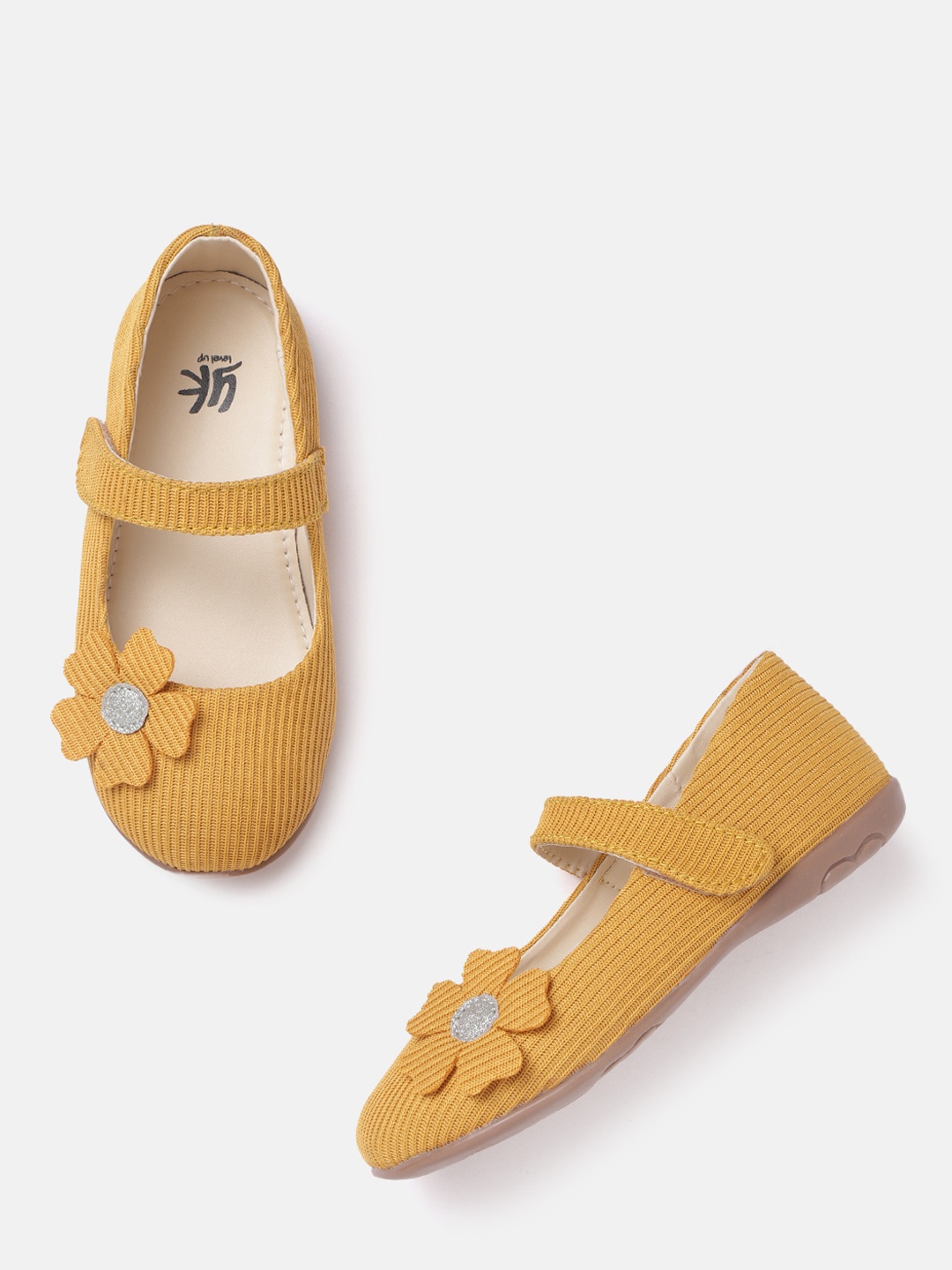 

YK Girls Mustard Yellow Self-Striped Mary Janes with Floral Applique