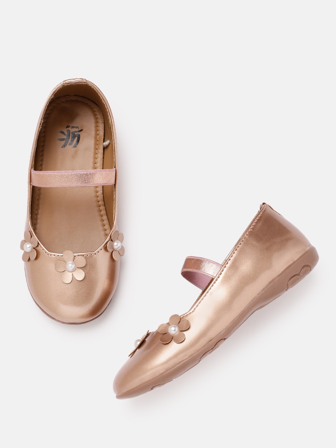 

YK Girls Rose Gold-Toned Floral Applique Mary Janes with Beaded Detail