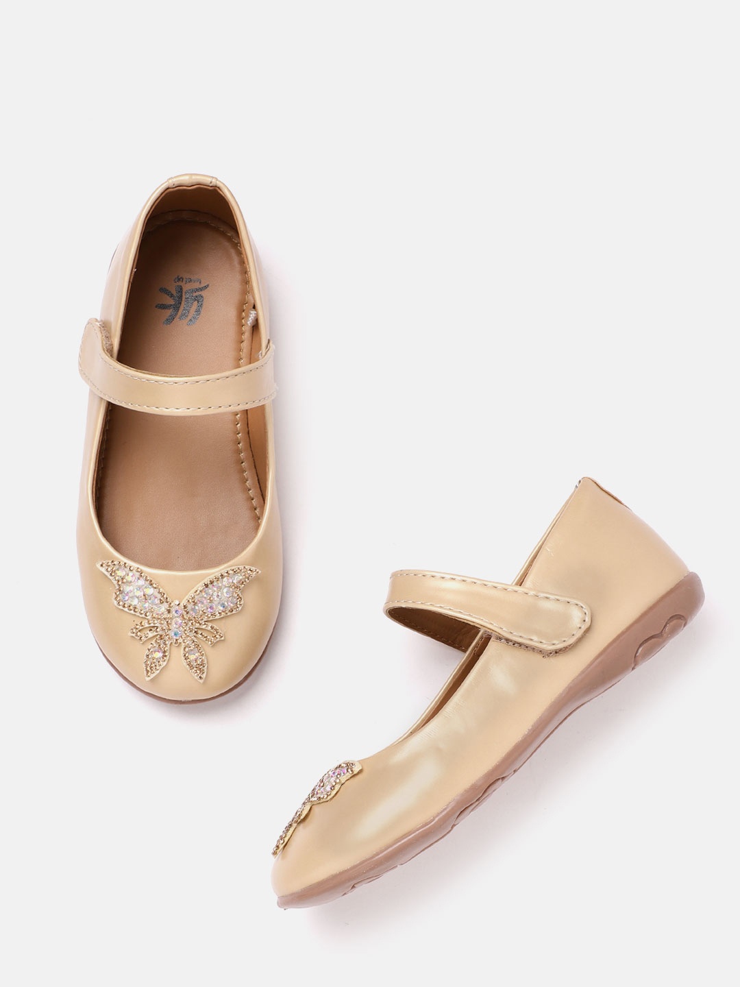 

YK Girls Muted Gold-Toned Studded Butterfly Applique Mary Janes