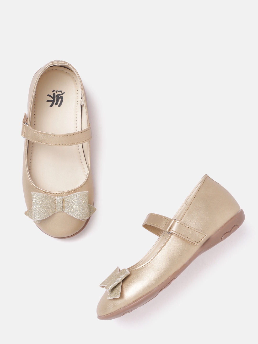 

YK Girls Gold-Toned Solid Mary Janes with Shimmer Bow Detail