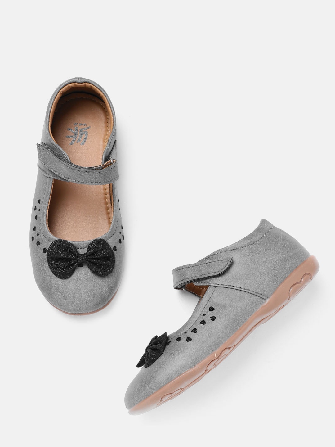 

YK Girls Grey & Black Heart Textured Bow Detail Mary Janes
