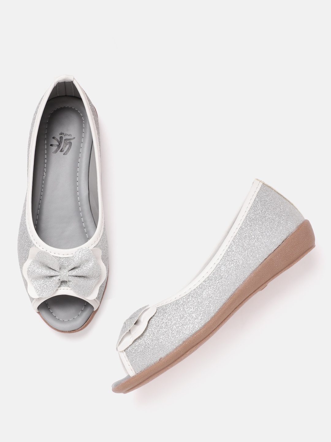 

YK Girls Silver-Toned Glitter Peep-Toe Ballerinas with Bow Detail
