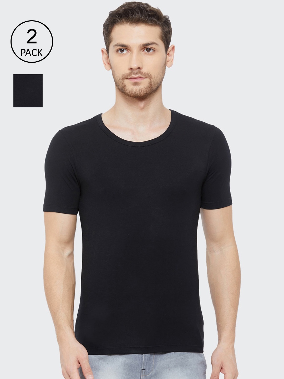 

Almo Wear Men Pack Of 2 Black Solid Slim-Fit Undershirt Innerwear Vests