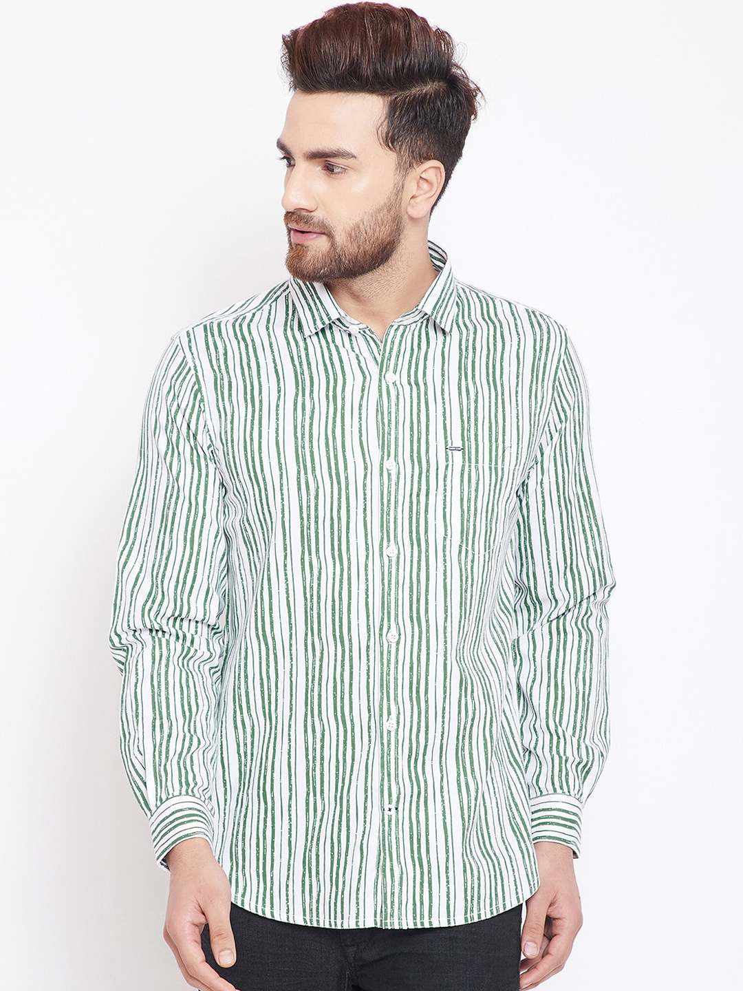 

Canary London Men Green & White Slim Fit Striped Casual Shirt