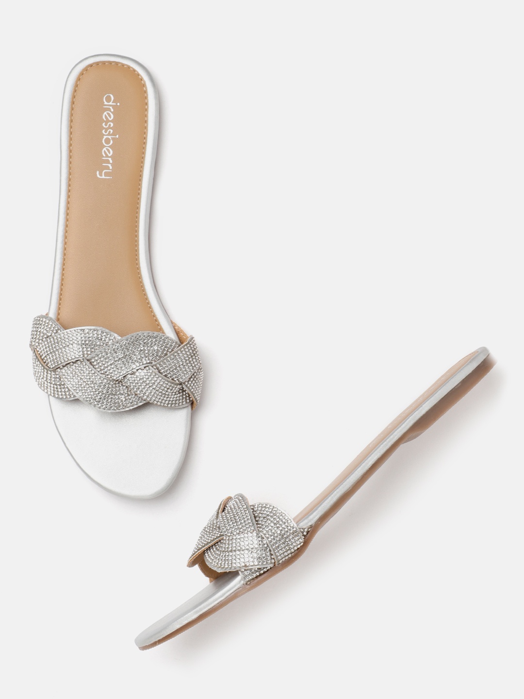 

DressBerry Women Silver-Toned Studded Open Toe Flats