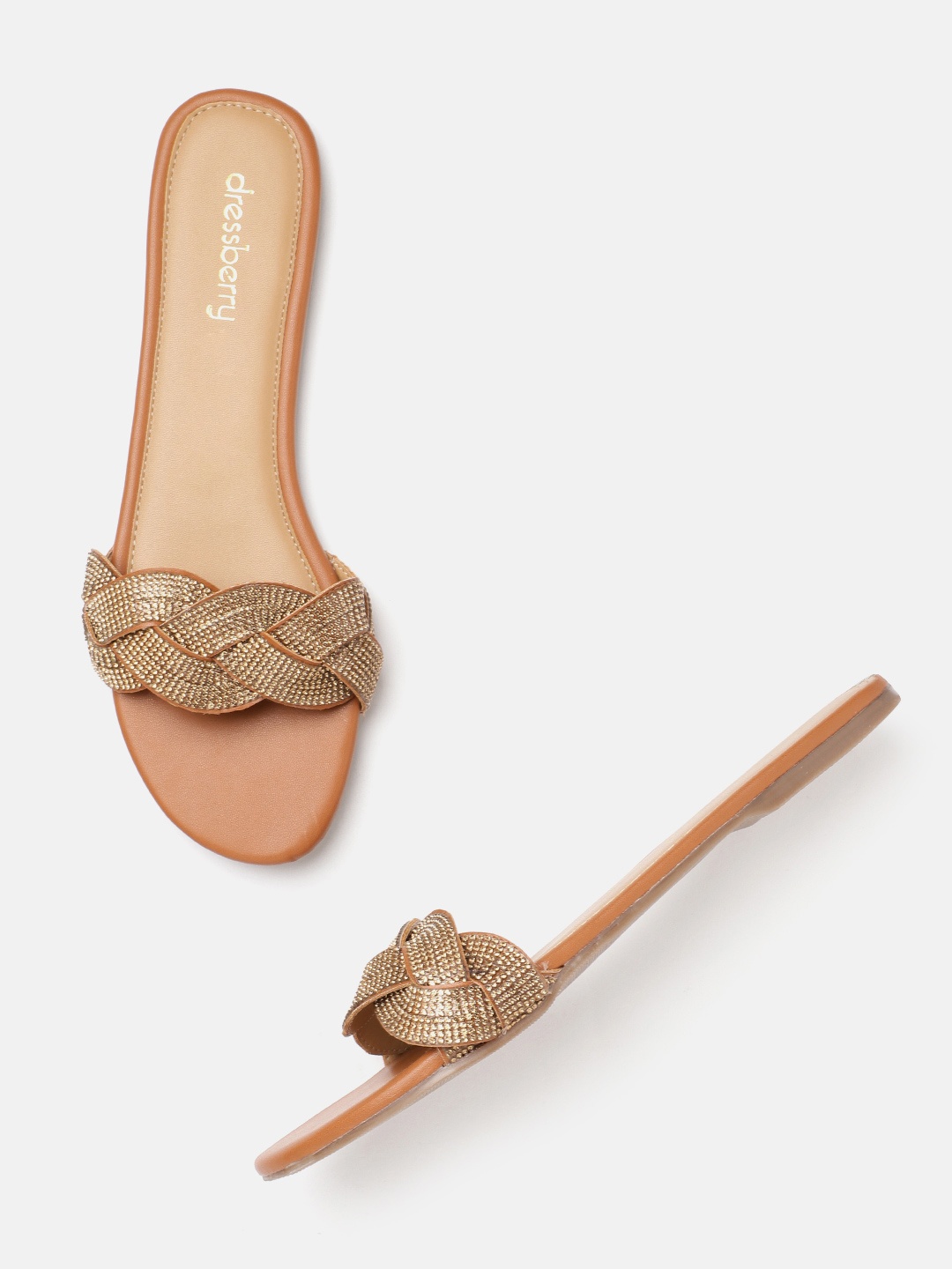 

DressBerry Women Gold-Toned Studded Open Toe Flats