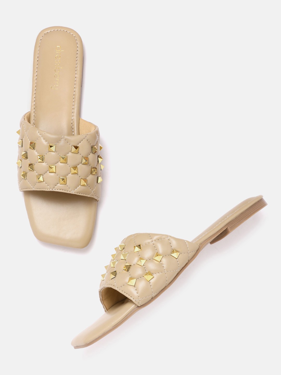 

DressBerry Women Beige & Gold-Toned Studded Open Toe Flats