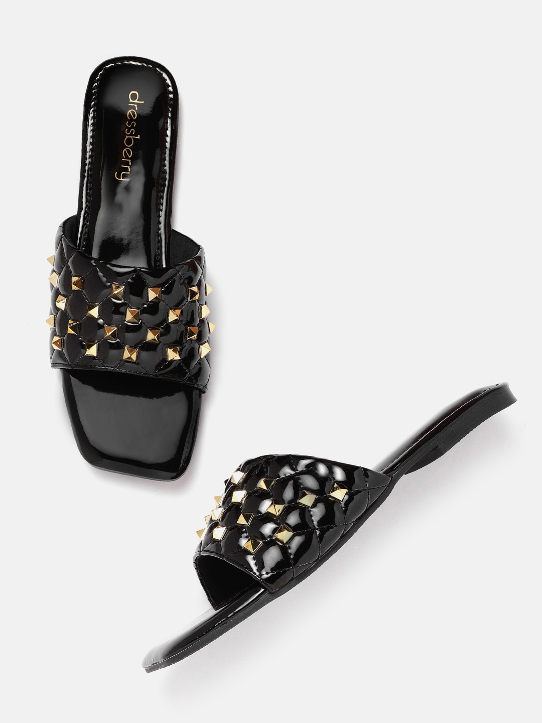 

DressBerry Women Black & Gold-Toned Glossy Finish Studded Open Toe Flats