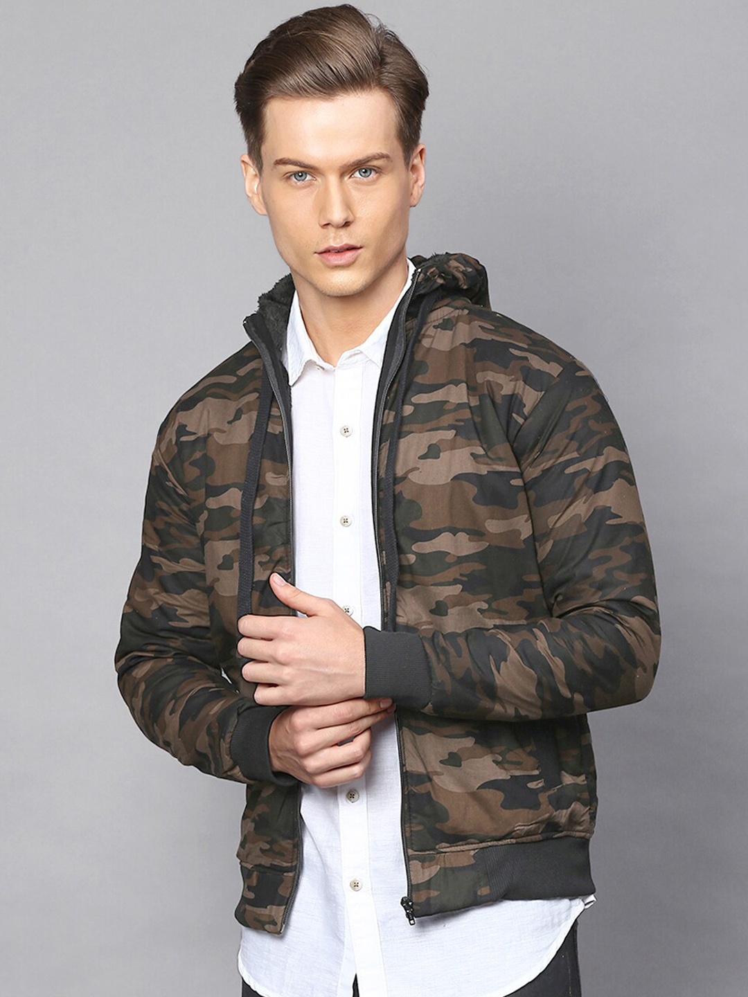 

Campus Sutra Men Green Camouflage Windcheater Bomber Jacket