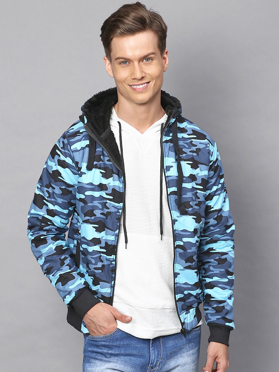 

Campus Sutra Men Blue Camouflage Windcheater Bomber Jacket