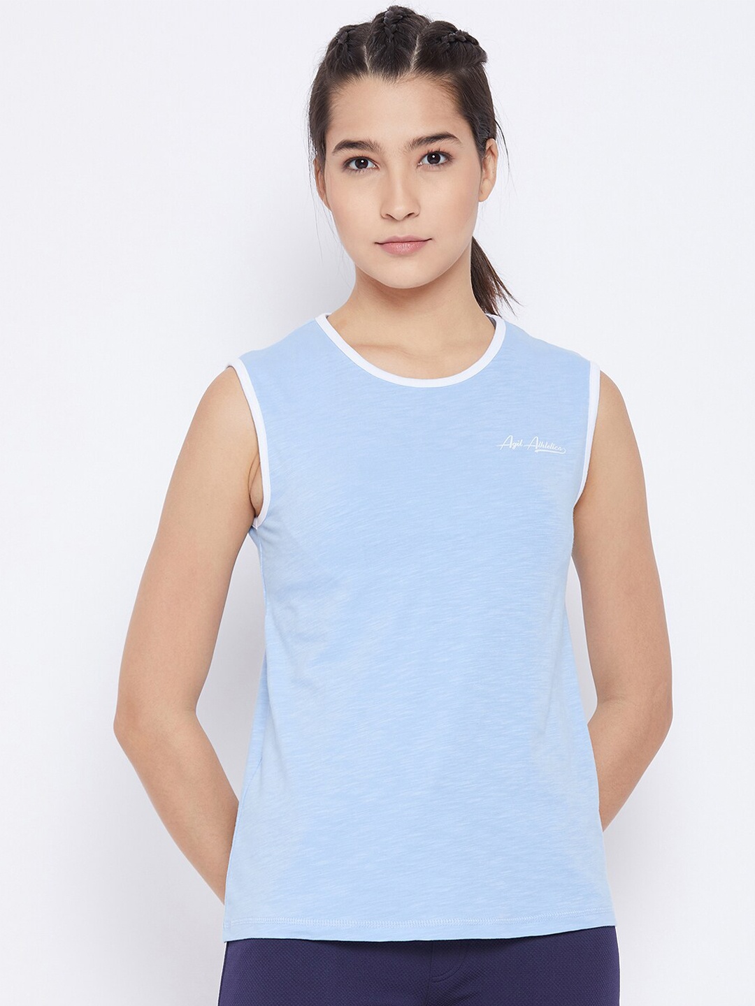 

AGIL ATHLETICA Women Blue & White Self Design Round Neck Sleeveless Regular Top