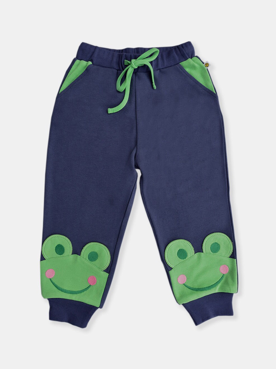 

Pranava Kids Navy Blue & Green Frog Applique Cotton Joggers