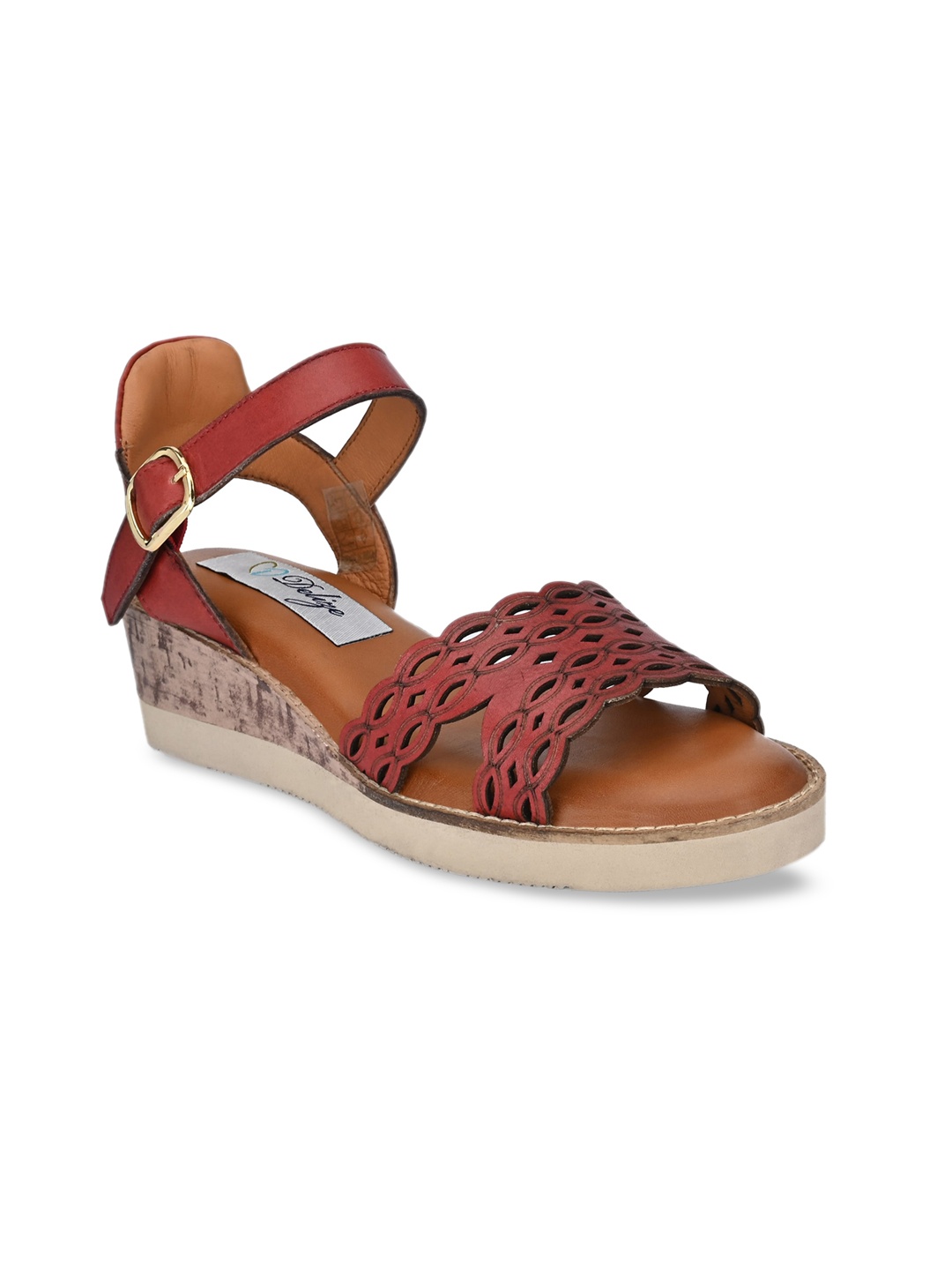 

Delize Red Printed Leather Wedge Sandals with Laser Cuts