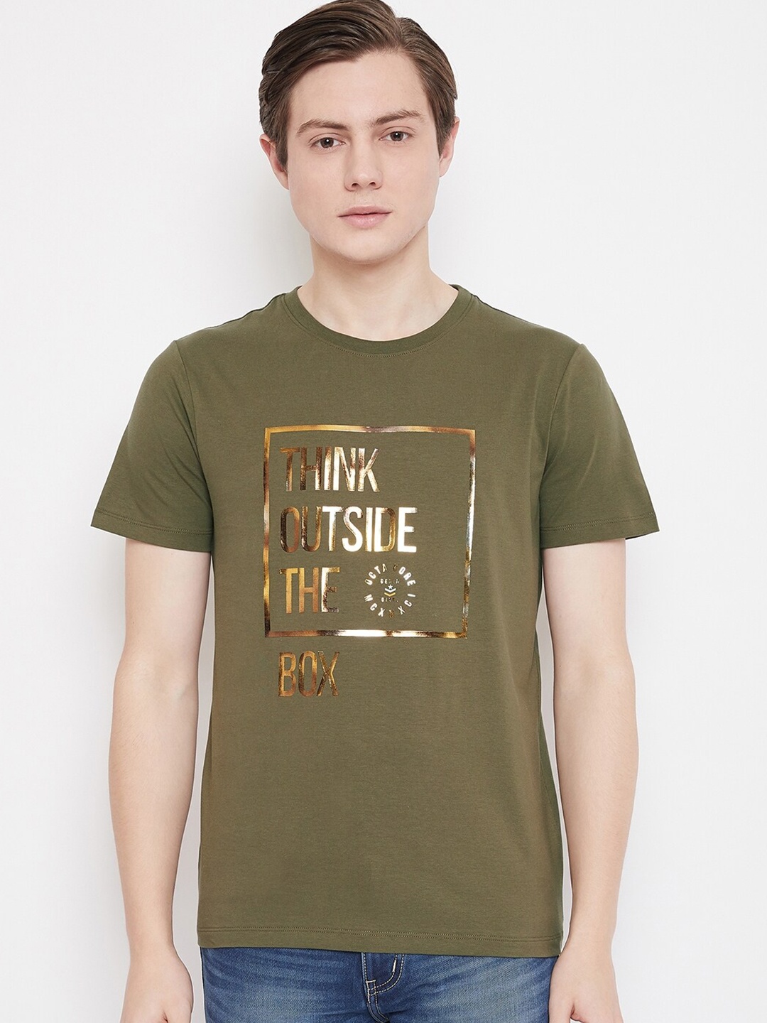 

Octave Men Olive Green Typography Printed Raw Edge T-shirt