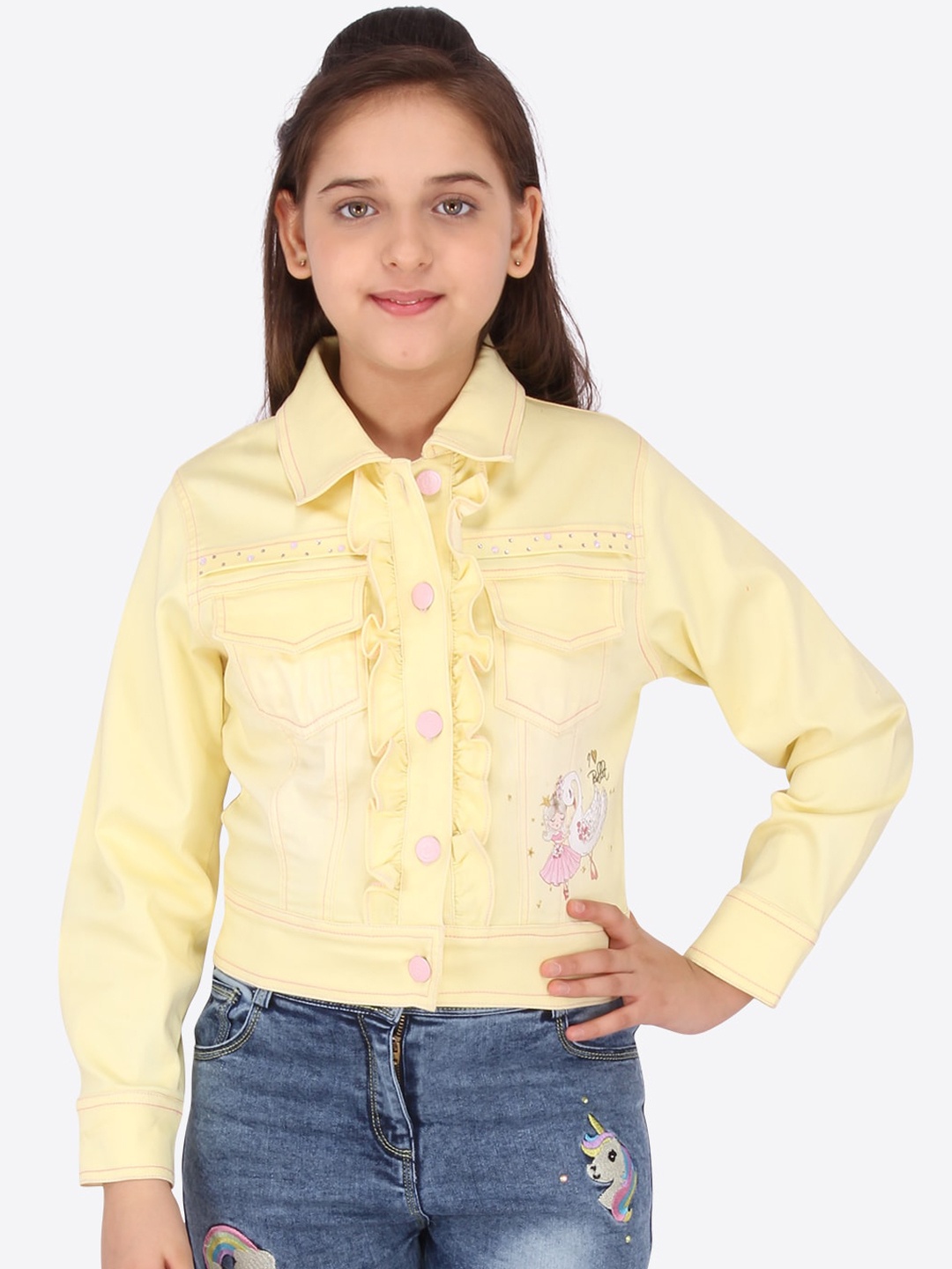 

CUTECUMBER Girls Yellow Crop Denim Ruffle Jacket with Patchwork