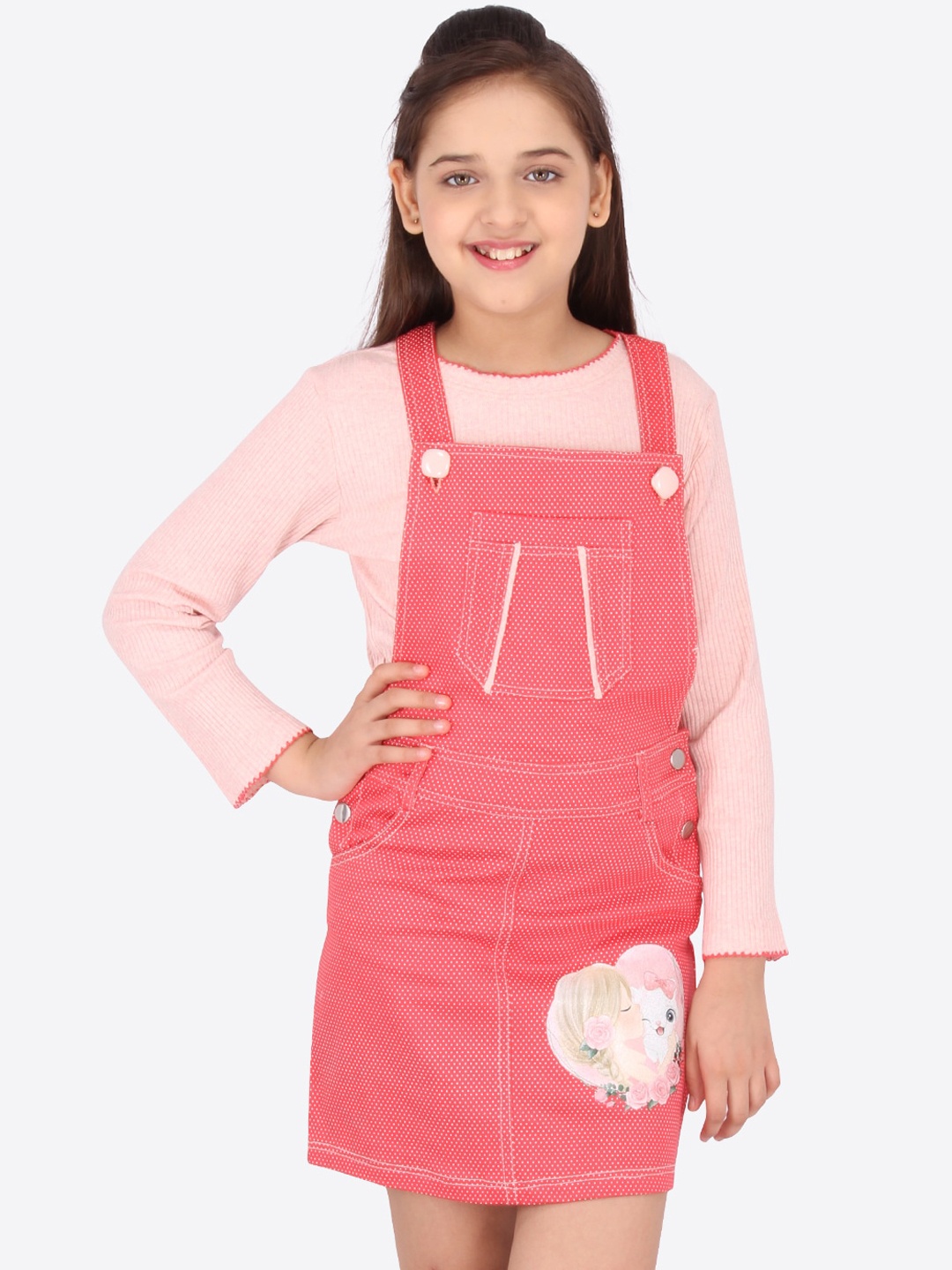 

CUTECUMBER Girls Coral & Pink Denim Pinafore Mini Dress