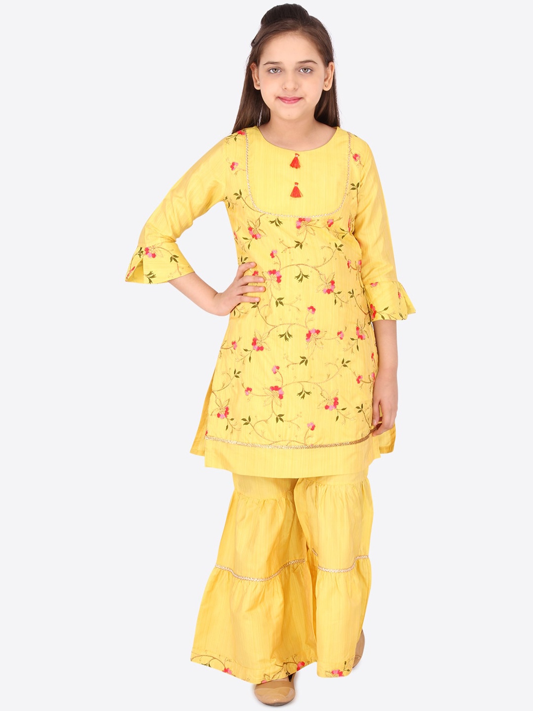 

CUTECUMBER Girls Yellow Floral Embroidered Regular Kurta with Sharara