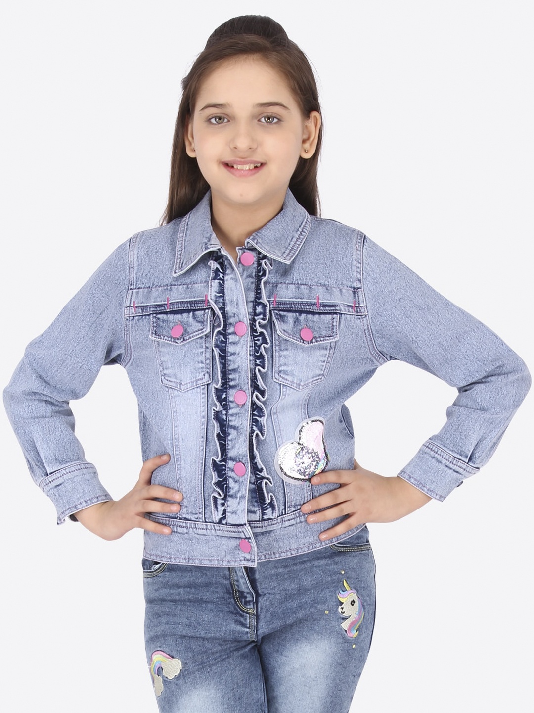 

CUTECUMBER Girls Blue Washed Embellished Crop Denim Jacket