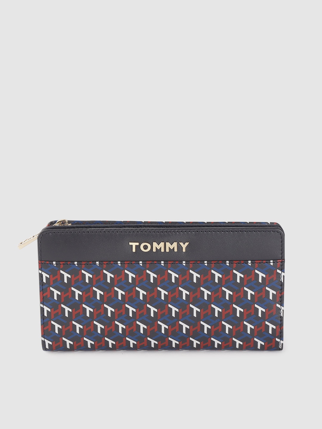 

Tommy Hilfiger Women Navy Blue & Red Brand Logo Print Leather Zip Around Wallet