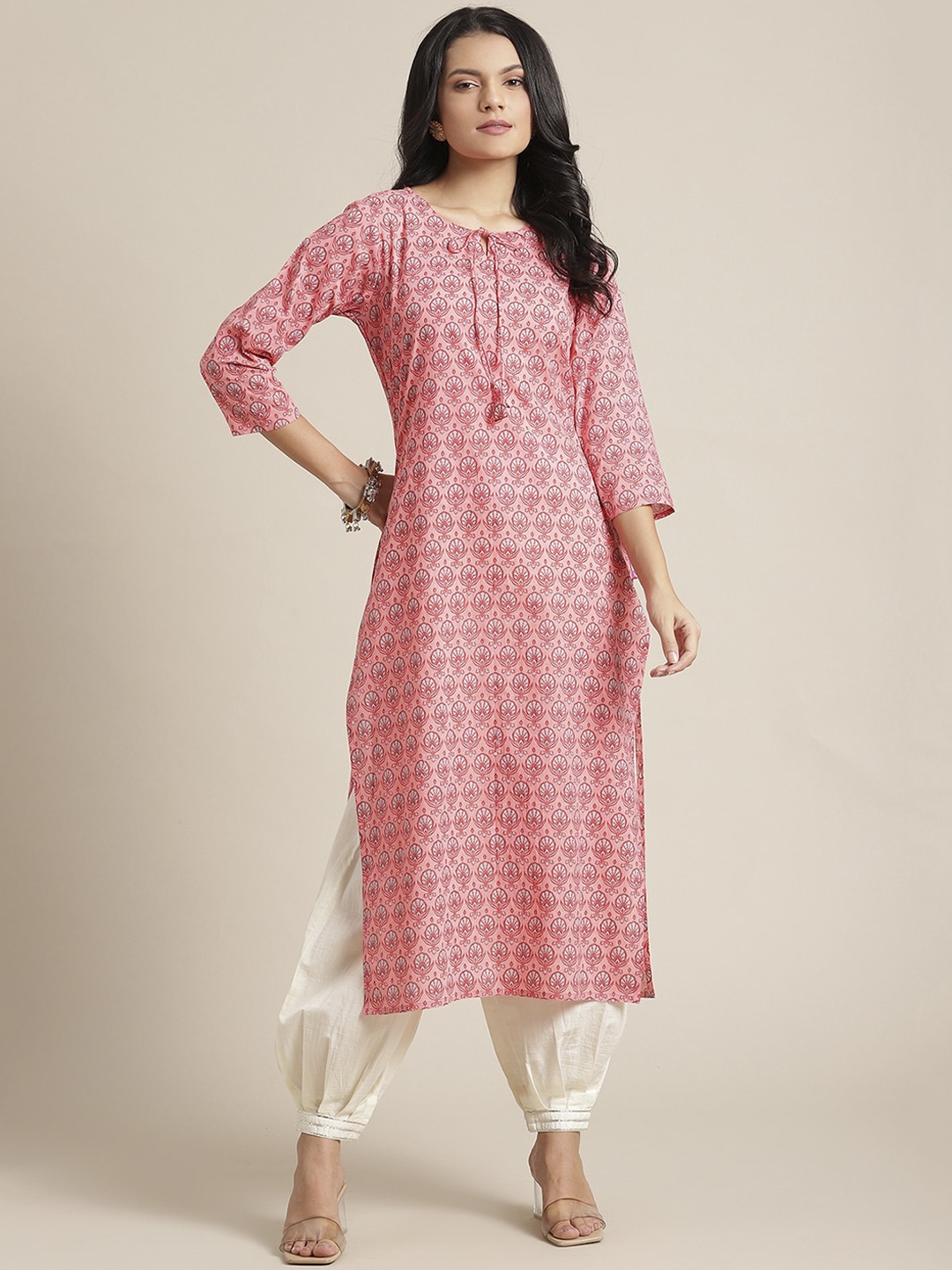 

Varanga Women Peach-Coloured Ethnic Motifs Printed Pure Cotton Kurta with Trousers