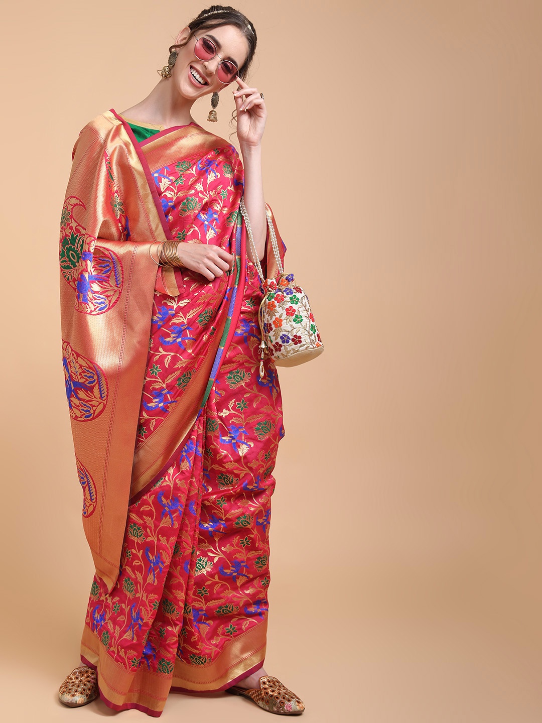 

Sangria Red & Blue Floral Zari Silk Blend Banarasi Saree