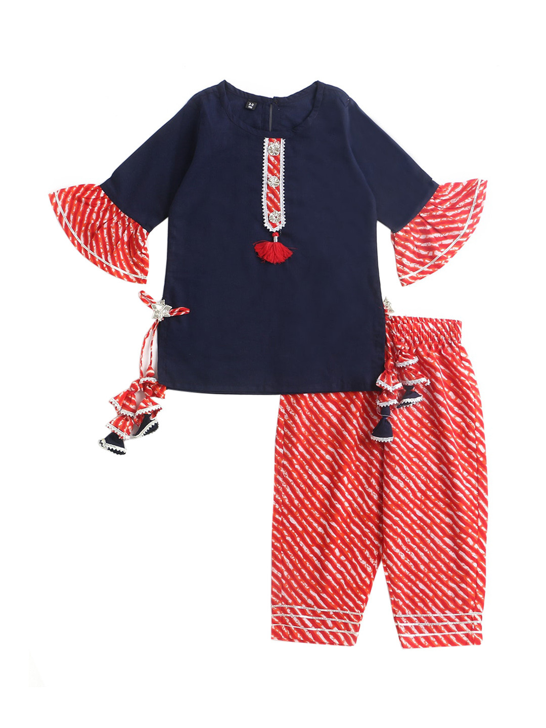 

The Magic Wand Girls Navy Blue Striped Pure Cotton Kurti with Pyjamas