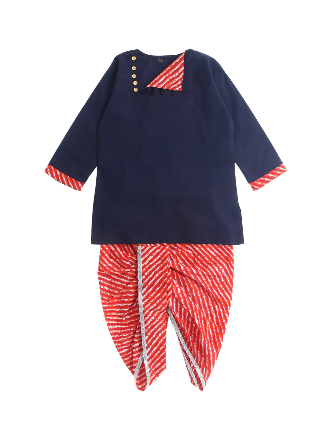 

The Magic Wand Boys Navy Blue & Red Solid Pure Cotton Kurta with Dhoti Pants