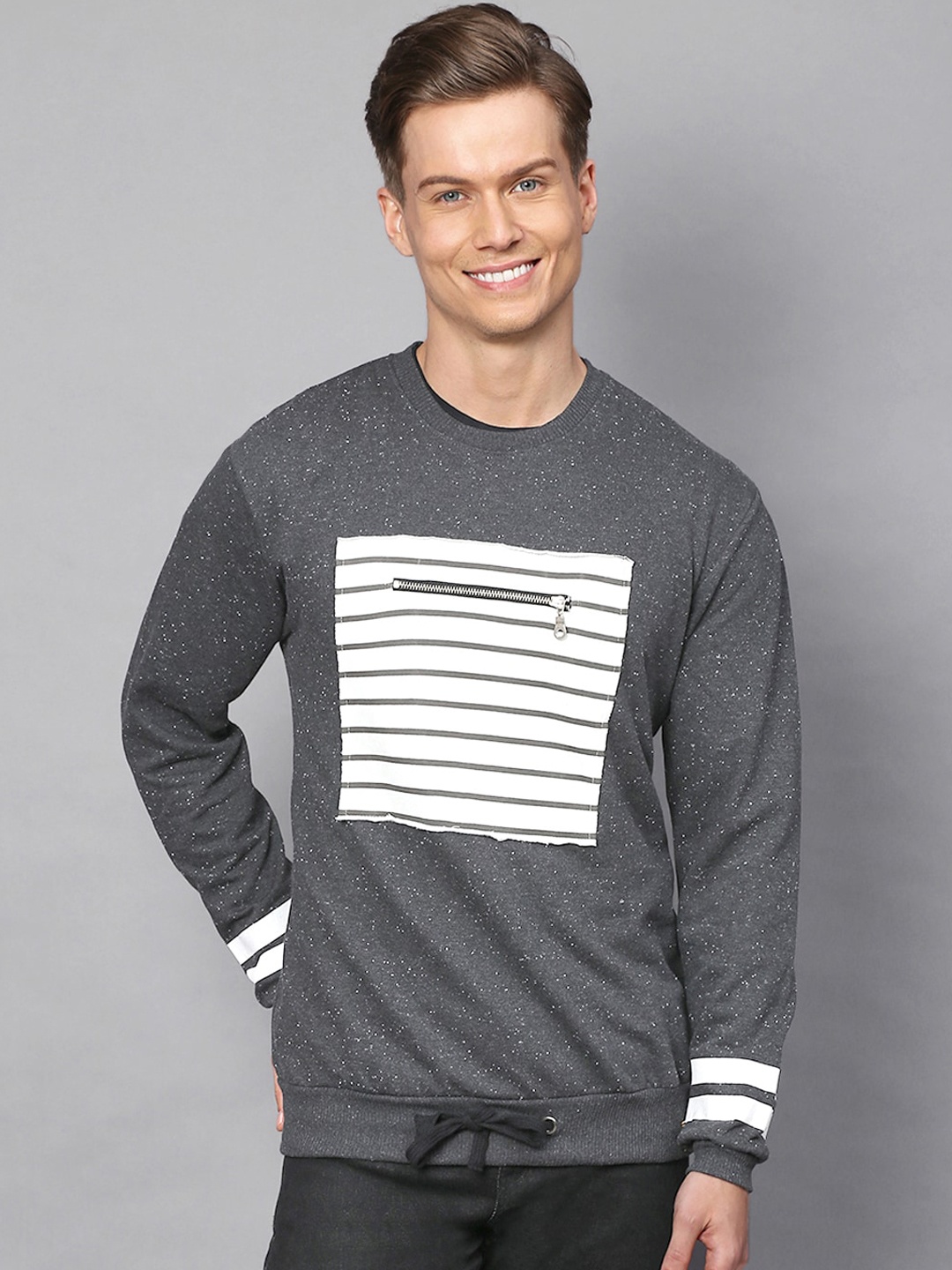 

Campus Sutra Men Charcoal Striped Sweatshirt