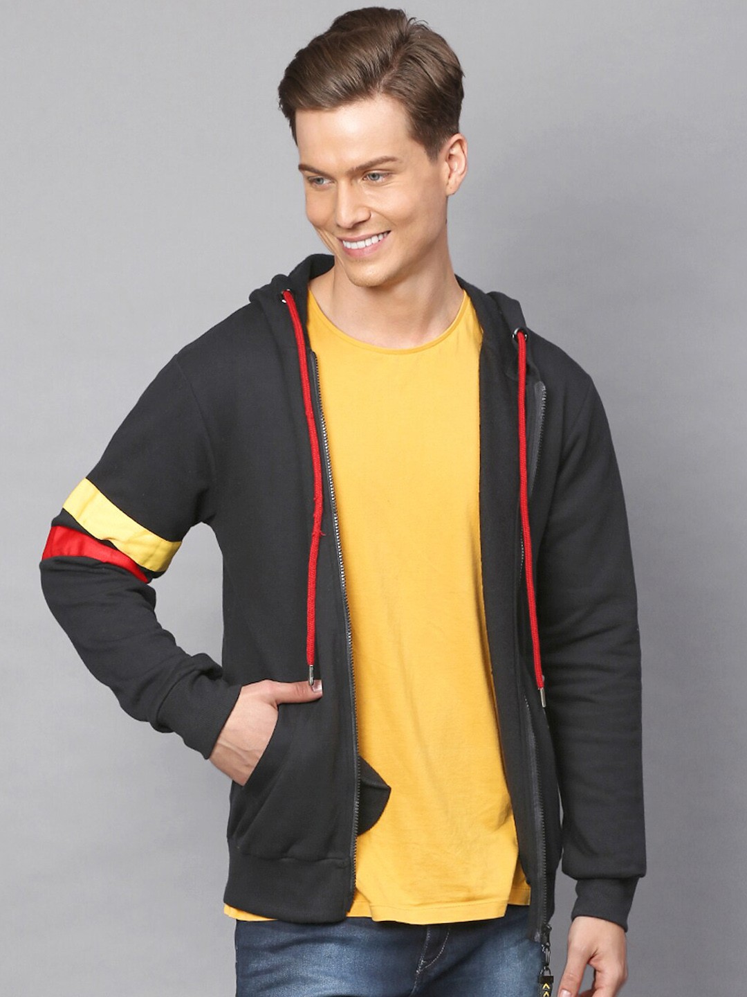 

Campus Sutra Men Black Solid Hooded Sweatshirt