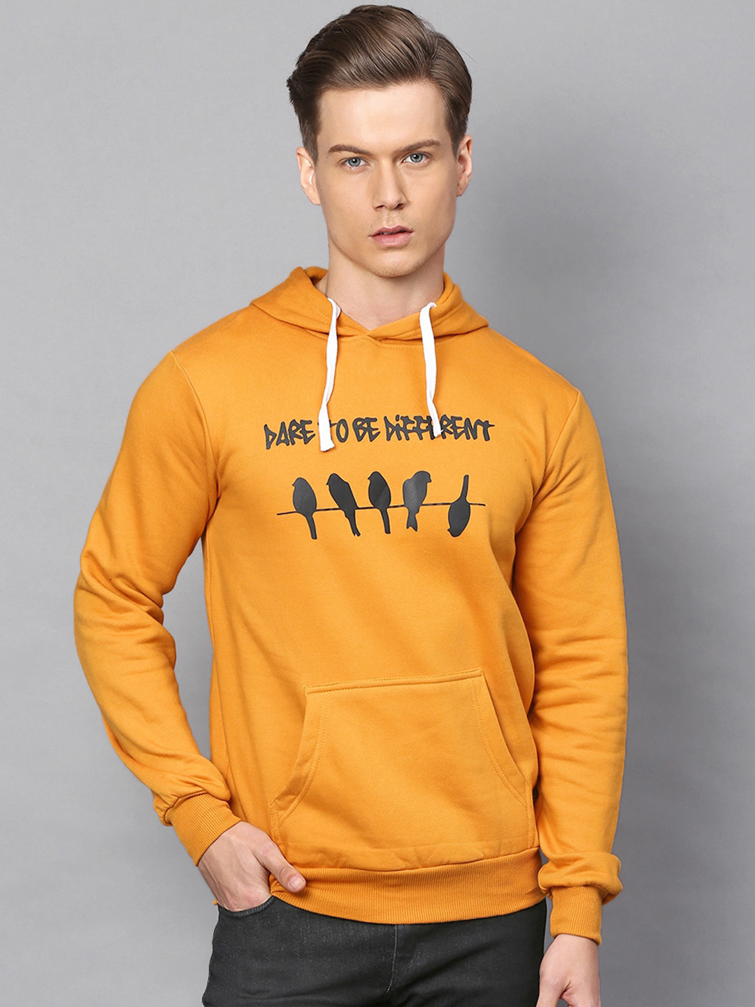 

Campus Sutra Men Mustard Printed Hooded Sweatshirt