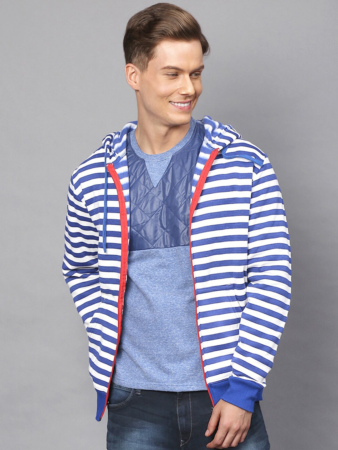 

Campus Sutra Men Blue & White Striped Hooded Sweatshirt