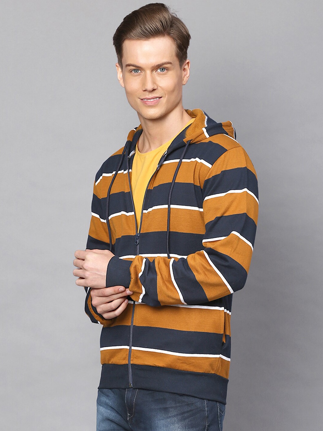 

Campus Sutra Men Mustard& Navy Blue Striped Hooded Sweatshirt