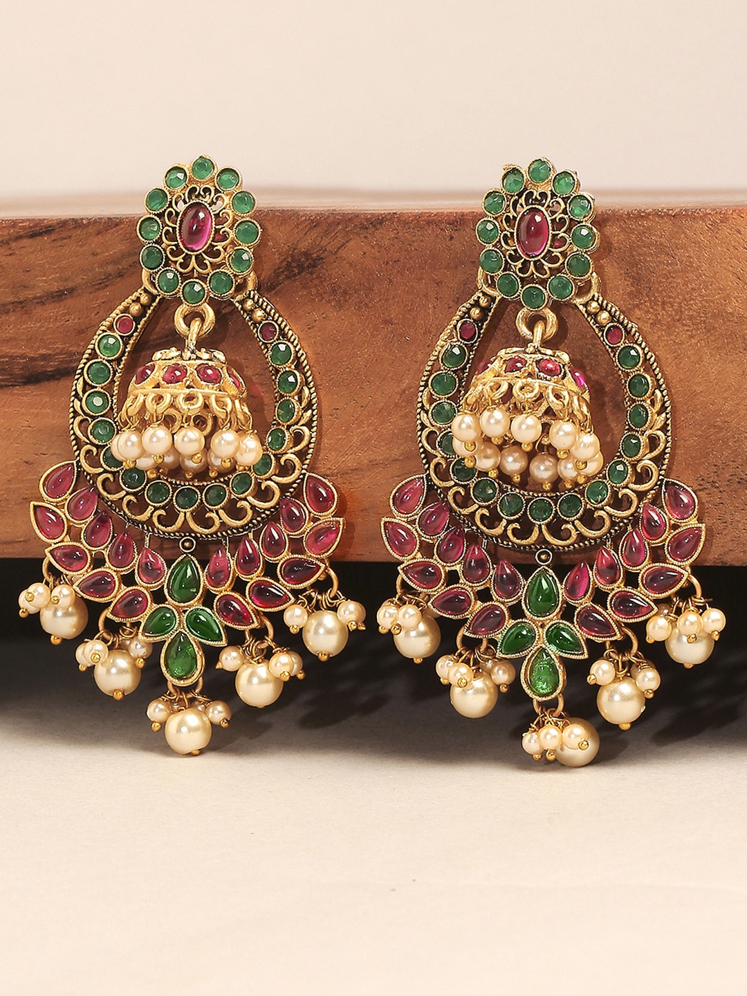 

OOMPH Red & Green Kemp Stone Contemporary Chandbali Earrings