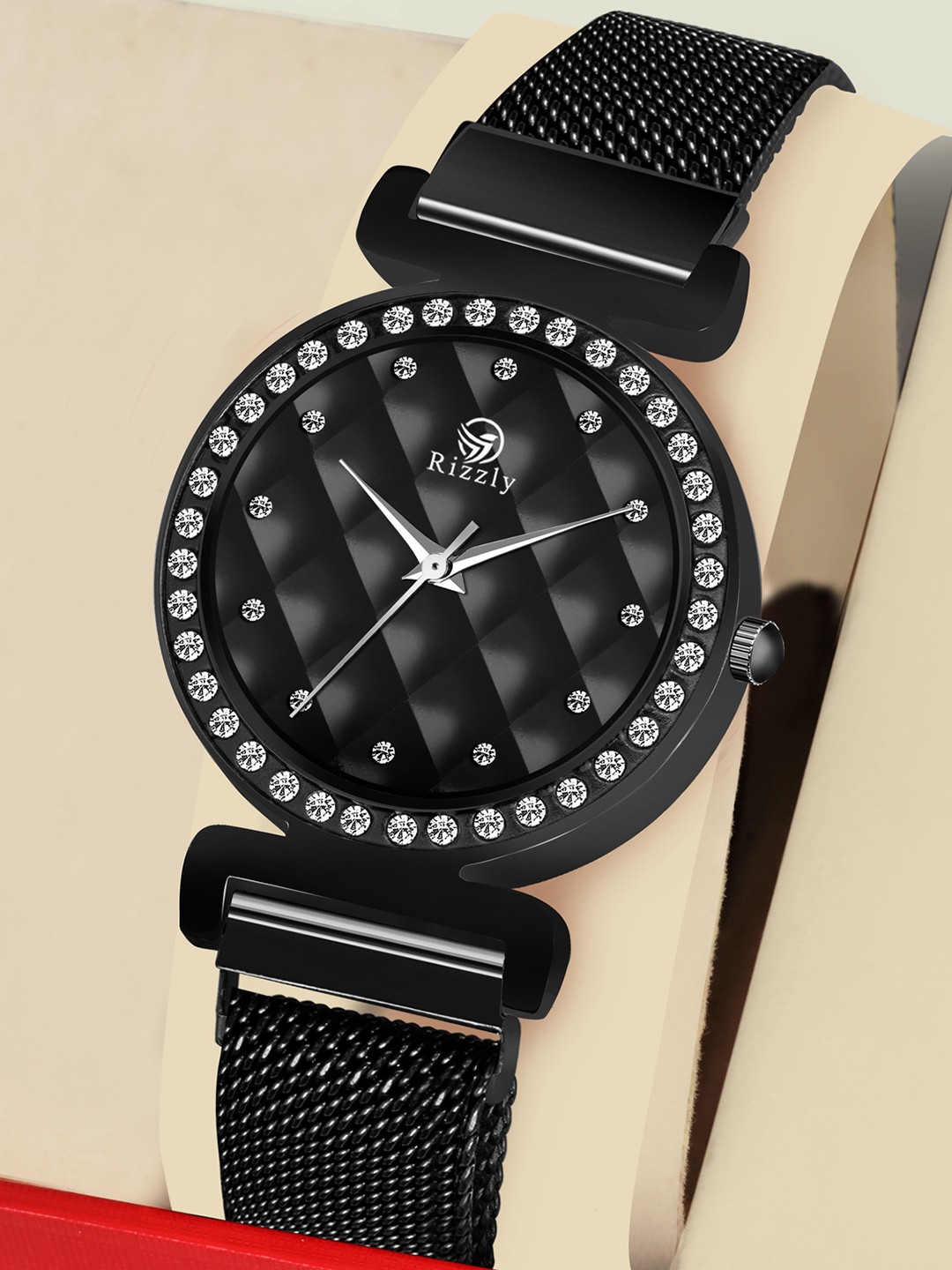 

Rizzly Women Black Brass Embellished Dial & Black Stainless Steel Analogue Watch RZ-140