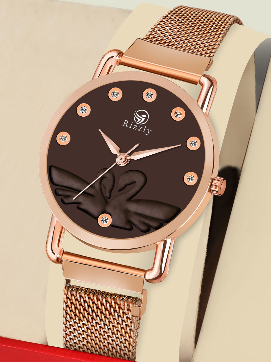 

Rizzly Women Brown Brass Embellished Dial & Rose Gold Toned Stainless Steel Bracelet Style Straps Analogue Watch