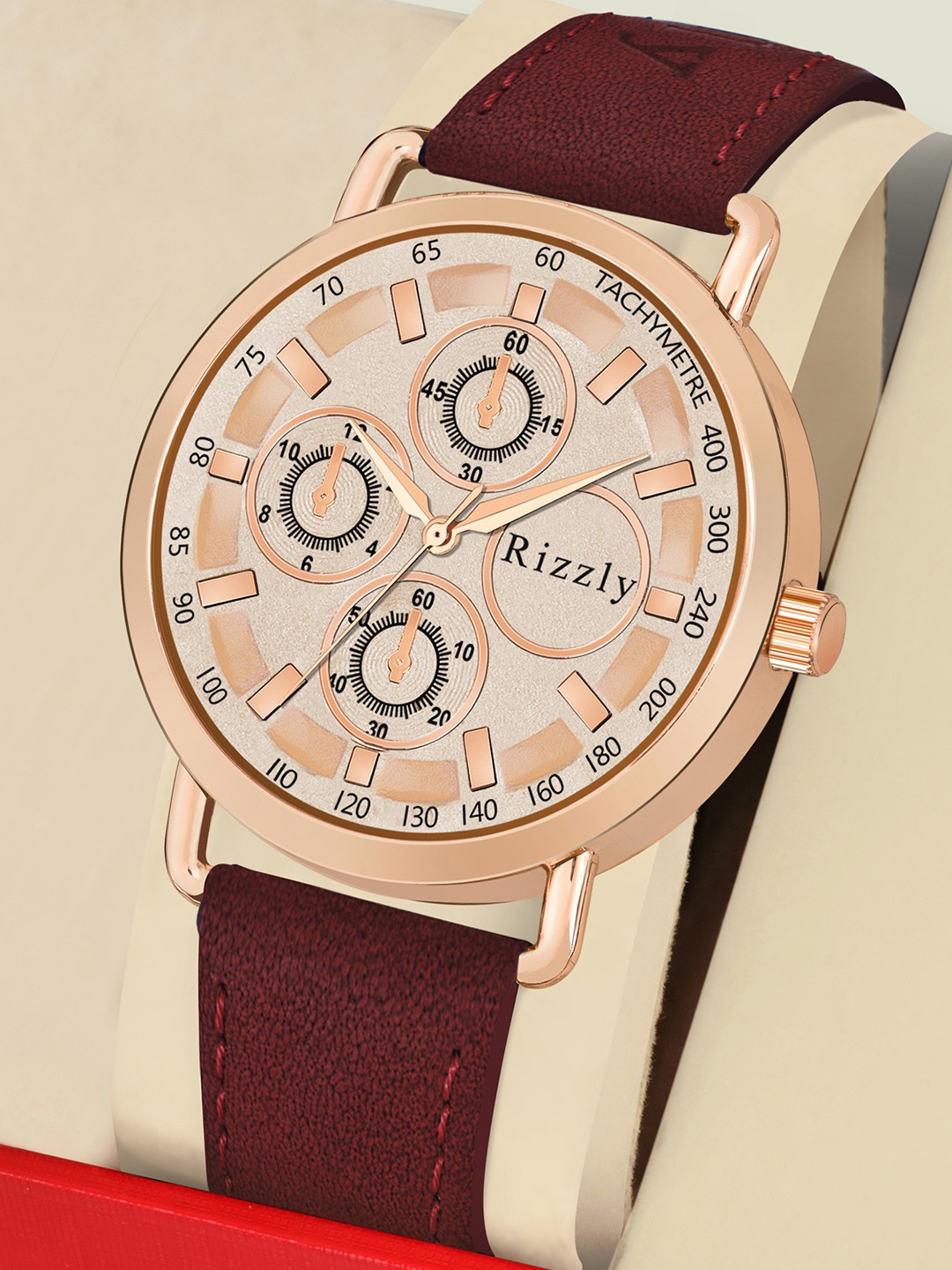 

Rizzly Men Rose Gold-Toned Brass Dial & Neon Red Leather Straps Analogue Watch RZ-227