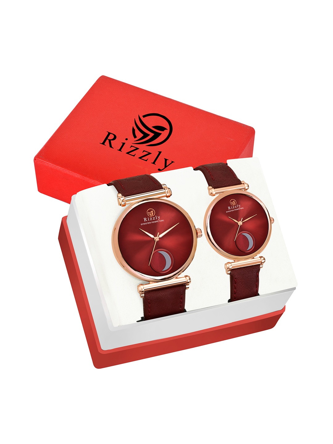 

Rizzly Unisex Maroon Brass Dial Couple Analogue Watch Gift Set RZ-301-303