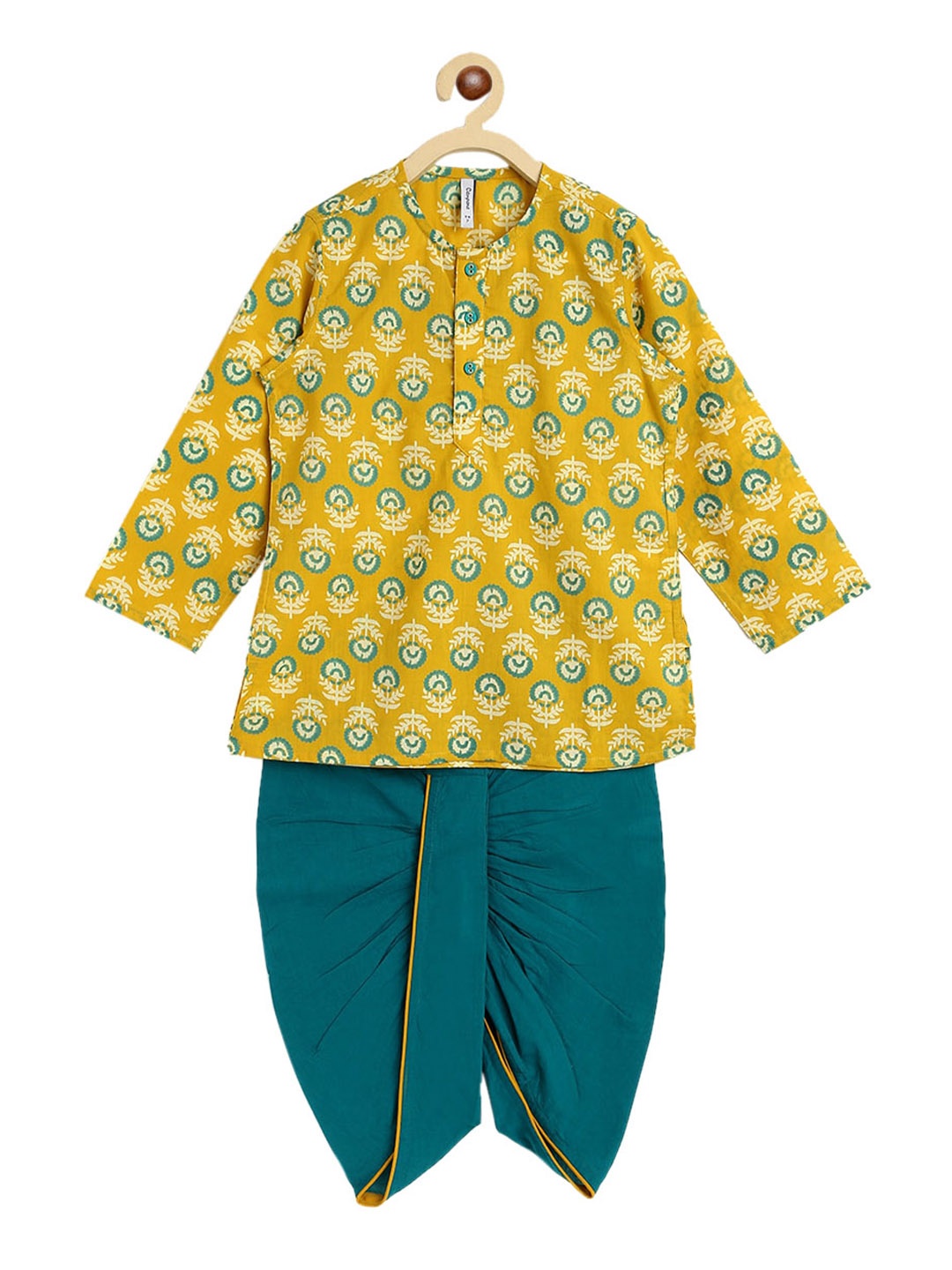 

Campana Boys Mustard Yellow Printed Angrakha Pure Cotton Kurta with Dhoti Pants