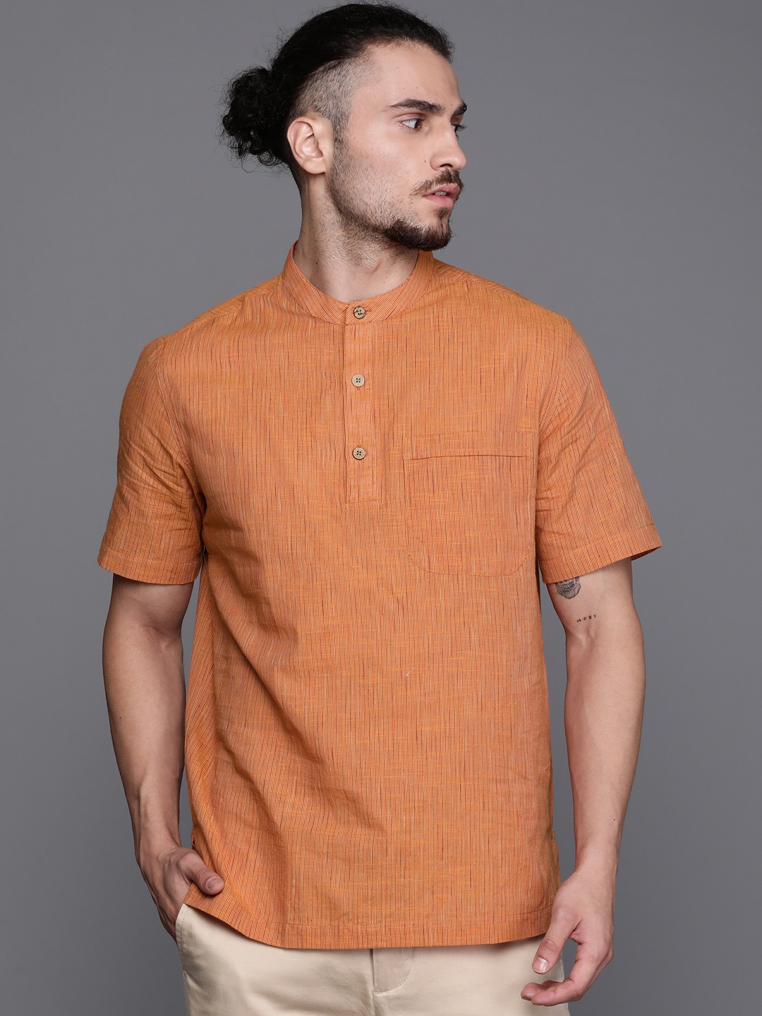 

Fabindia Men Orange & Peach-Coloured Pure Cotton Striped Kurta