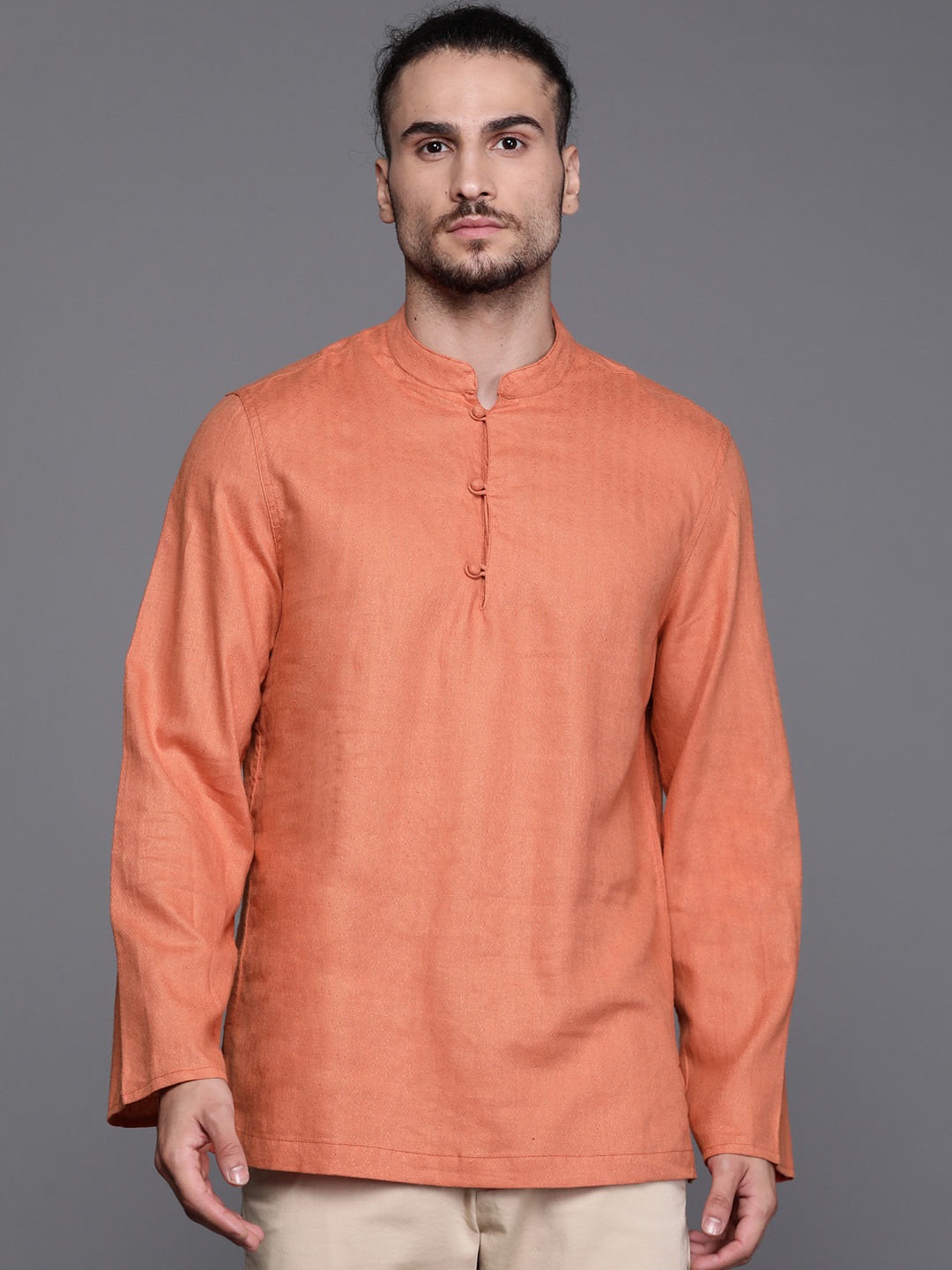 

Fabindia Men Peach-Coloured Pure Linen Self-Design Kurta