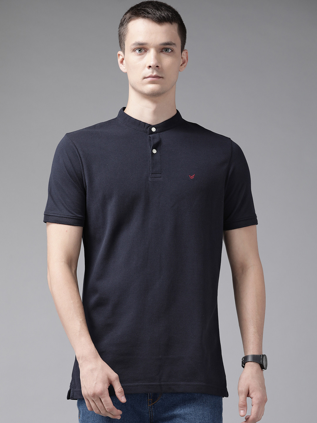 

Blackberrys Men Navy Blue Cotton Mandarin Collar T-shirt