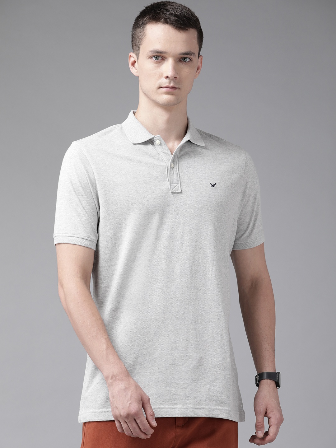 

Blackberrys Men Grey Melange Solid Pure Cotton Polo Collar Pure Cotton T-shirt