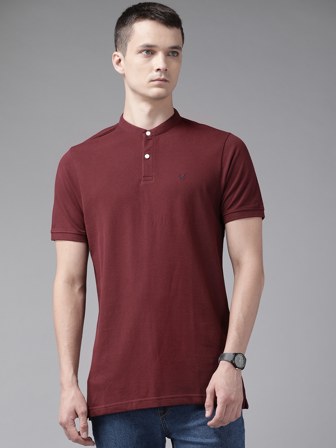 

Blackberrys Men Maroon Cotton Mandarin Collar T-shirt