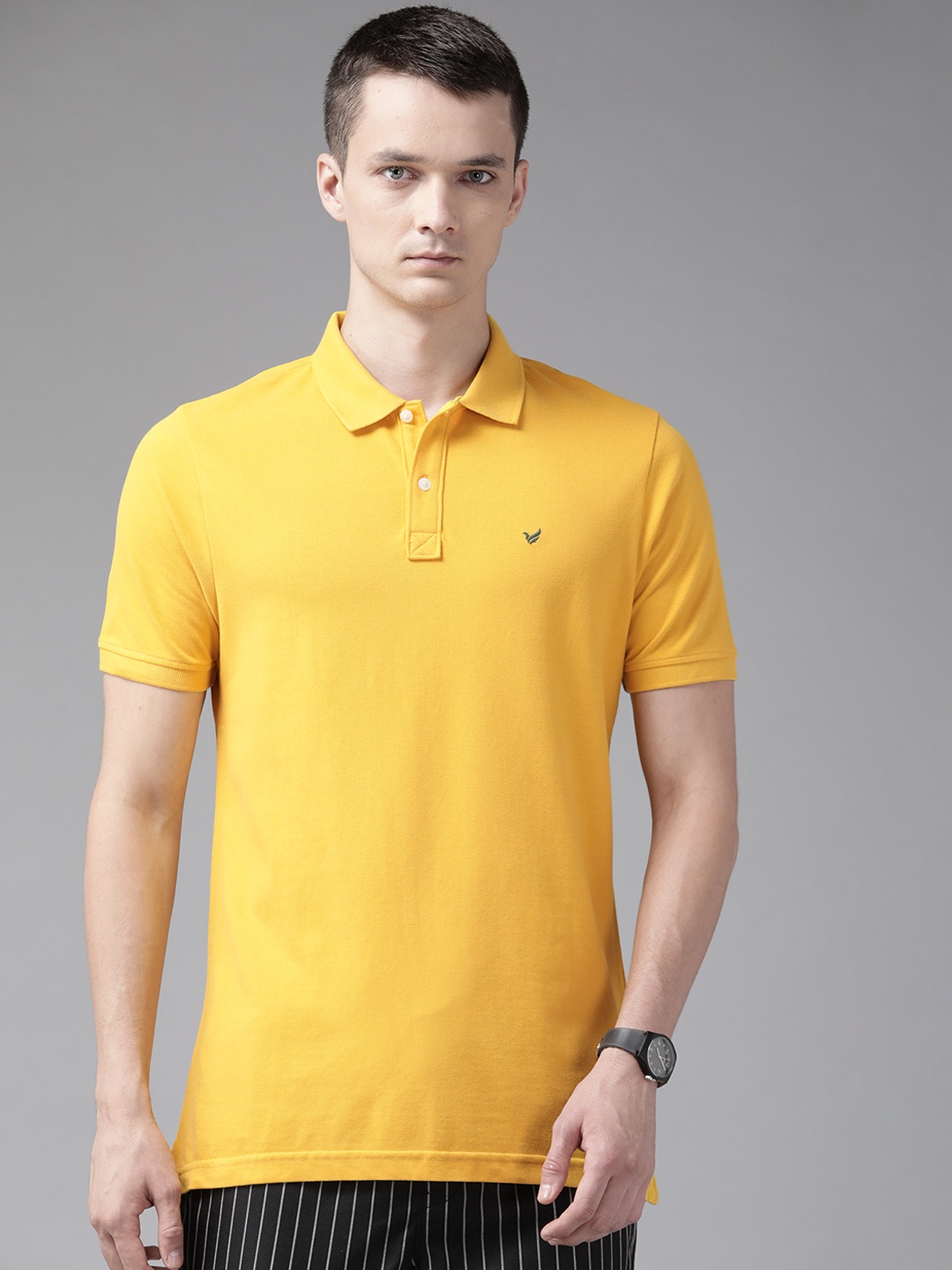 

Blackberrys Men Mustard Yellow Solid Polo Collar Pure Cotton T-shirt