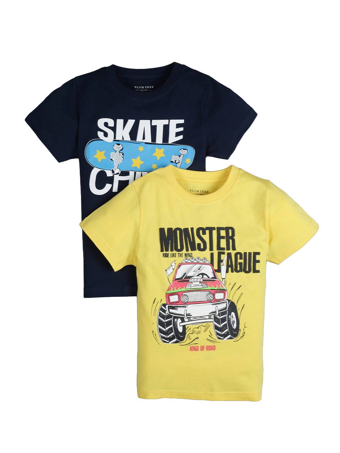 

PLUM TREE Boys Navy Blue Yellow Pack of 2 Printed Cotton Pure Cotton T-shirt