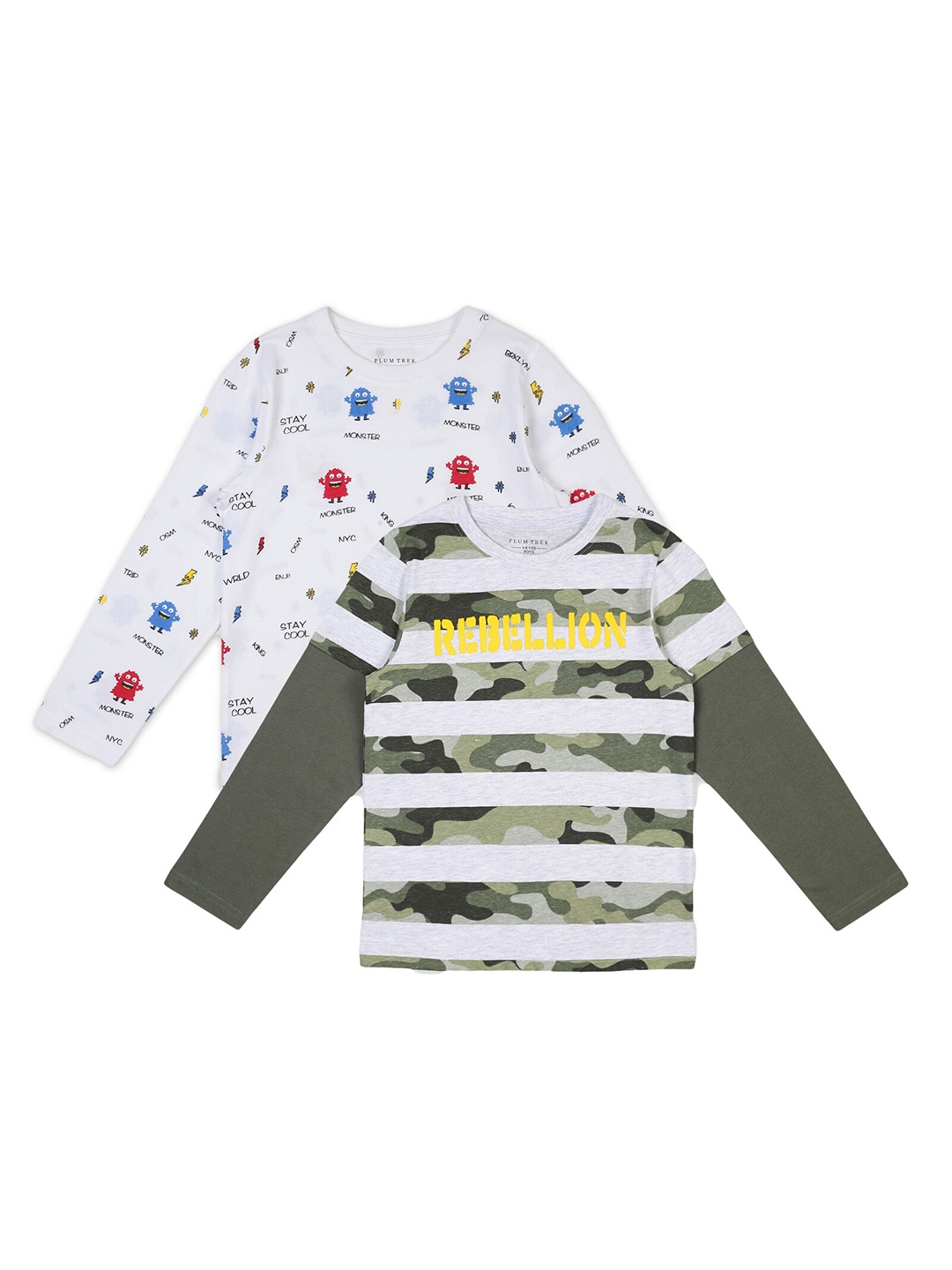 

PLUM TREE Boys Pack-2 Off White Olive Green Printed Pure Cotton T-shirt