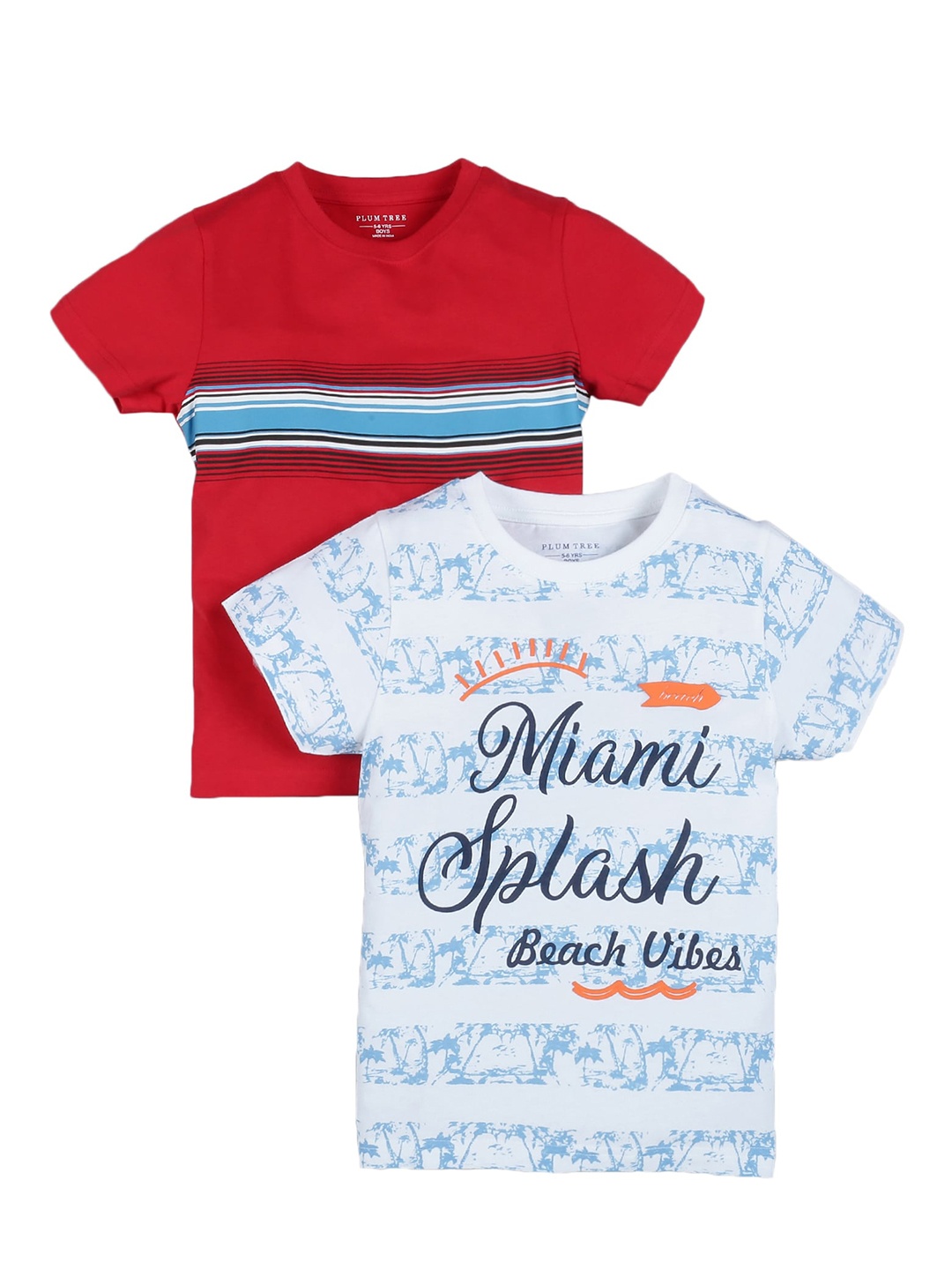 

PLUM TREE Boys Pack of 2 Red Printed Pure Cotton T-shirt