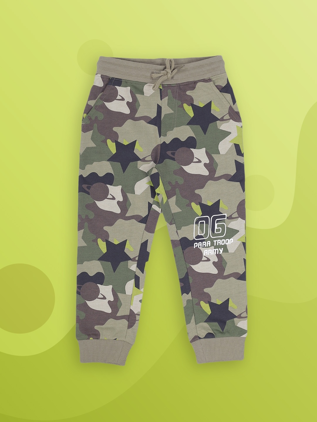 

PLUM TREE Boys Olive Green & Brown Camouflage Printed Cotton Joggers