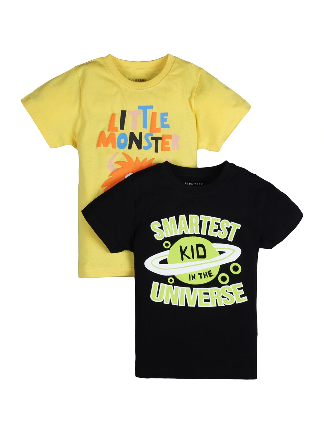 

PLUM TREE Boys Yellow Black Pack of 2 Printed Cotton Pure Cotton T-shirt